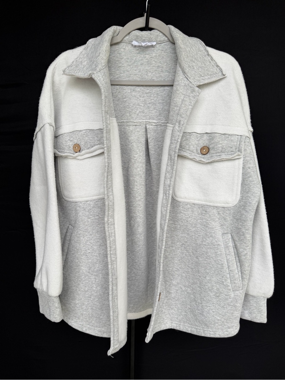 Light Gray & White Teddy Jacket with Contrast Pockets